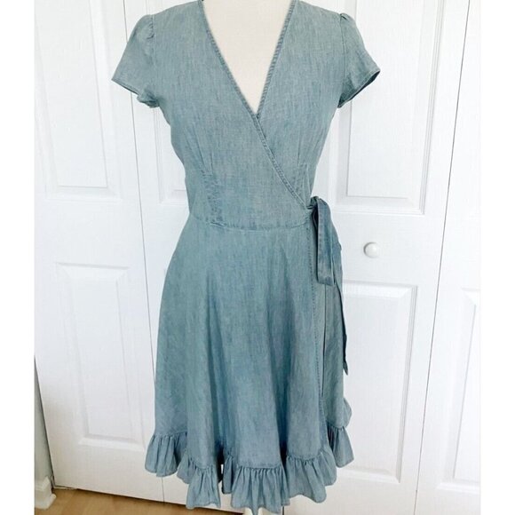 Polo Ralph Lauren Sz 0 Chambray Denim Ruffled Hem Wrap Dress Indigo Dyed NWT NEW - Picture 2 of 10